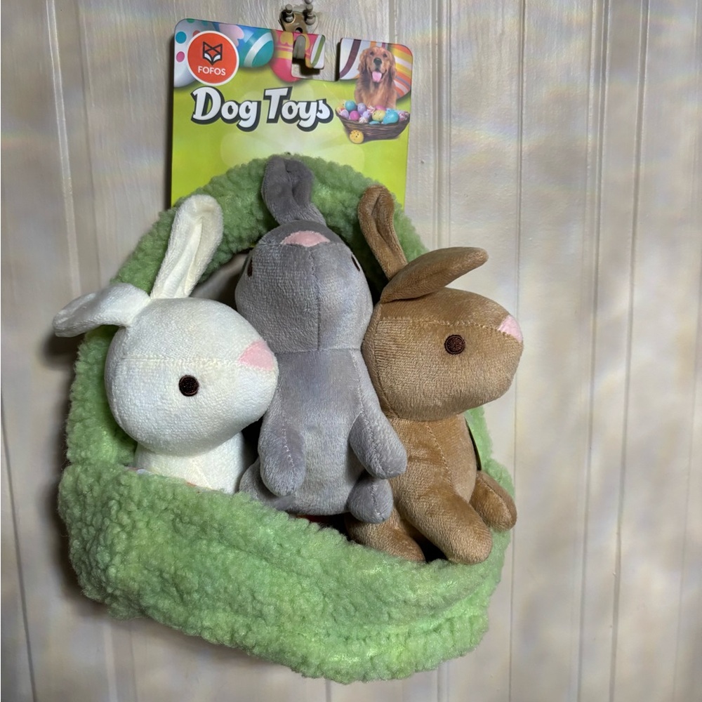Fofos Beautiful Pack Of 3 Soft 8”  Bunnys Rabbit in a Basket  With Squeaker